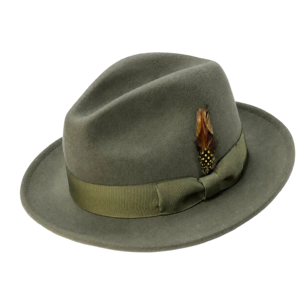 Wool Felt Fedora Pinch Front with Feather Accent in Olive