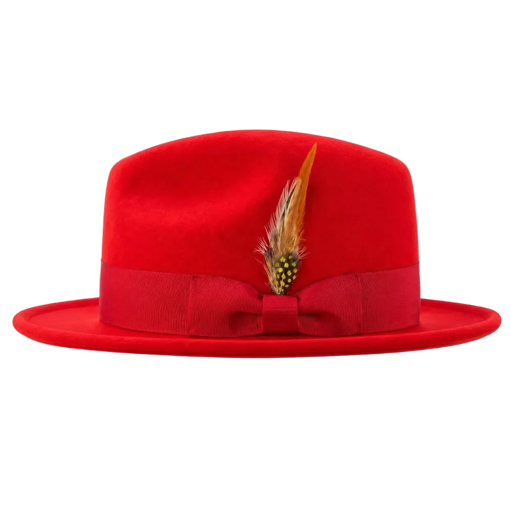 A bright red felt fedora hat with a matching red ribbon band and bow, decorated with a brown and gold feather, shown against a plain white background.