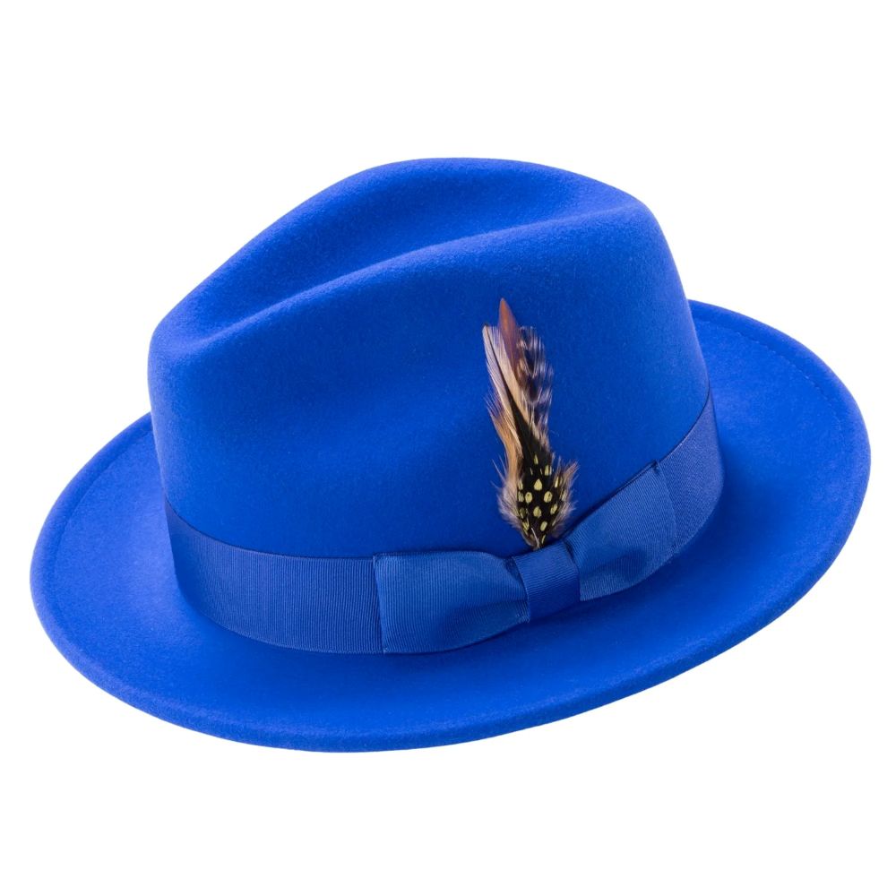 Wool Felt Fedora Pinch Front with Feather Accent in Royal
