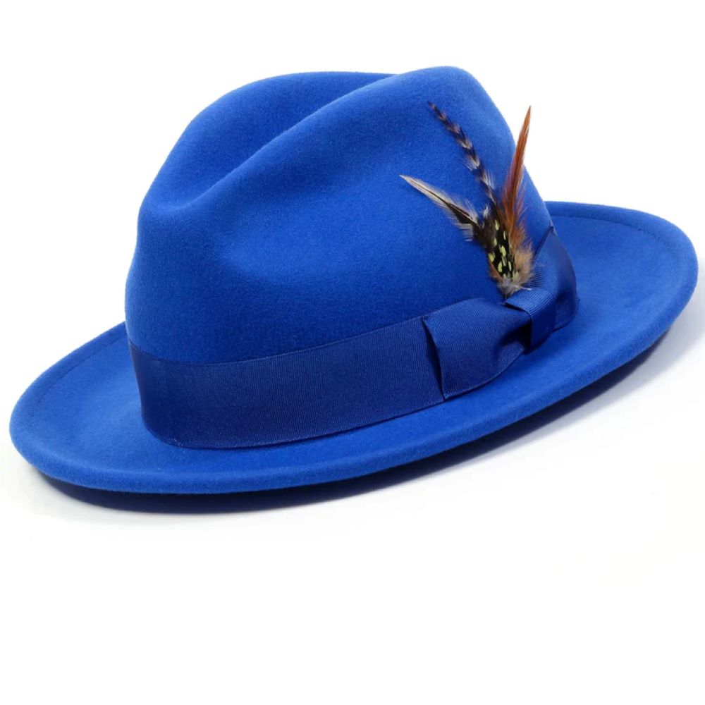 Wool Felt Fedora Pinch Front with Feather Accent in Royal