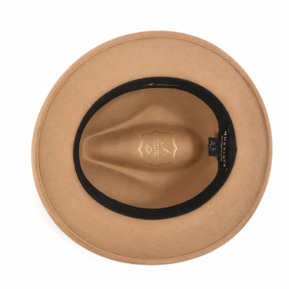 Interior view of tan wool felt wide-brim fedora with black sweatband and gold logo