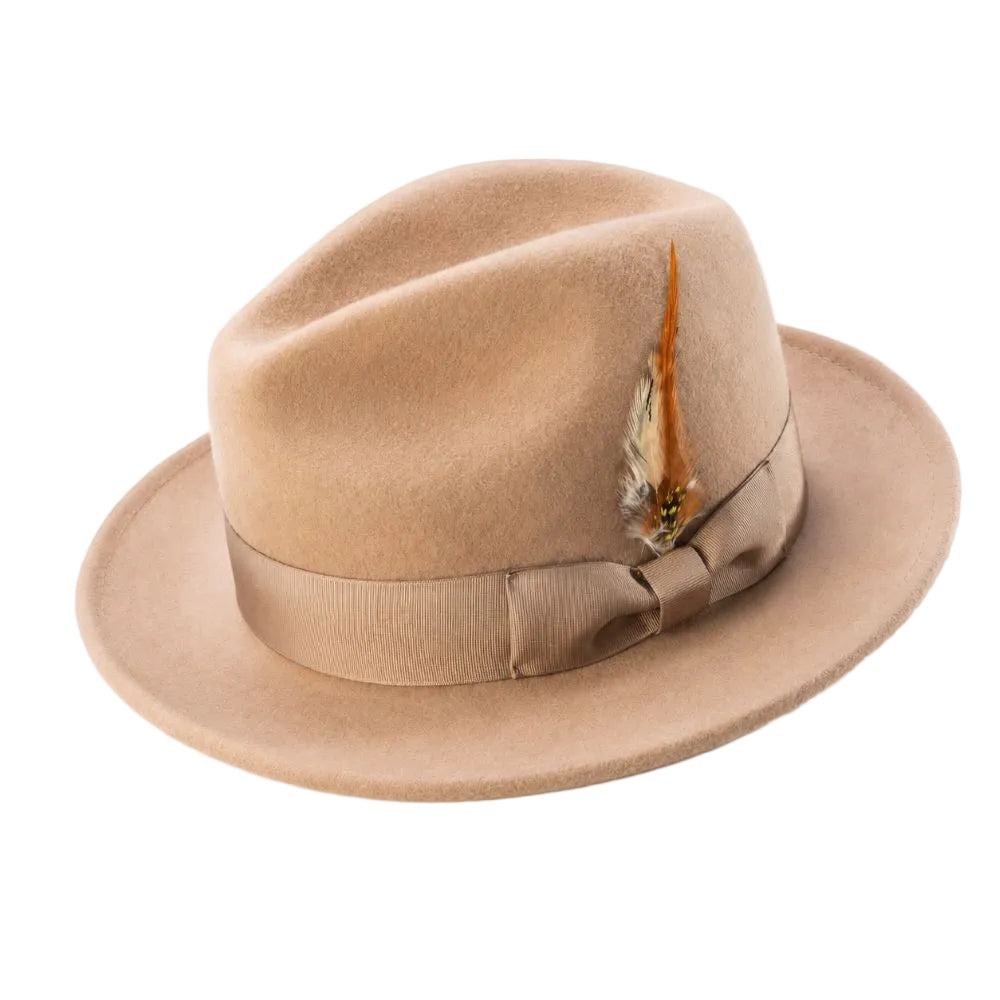 Wool Felt Wide Brim Pinch Crown Fedora - Tan