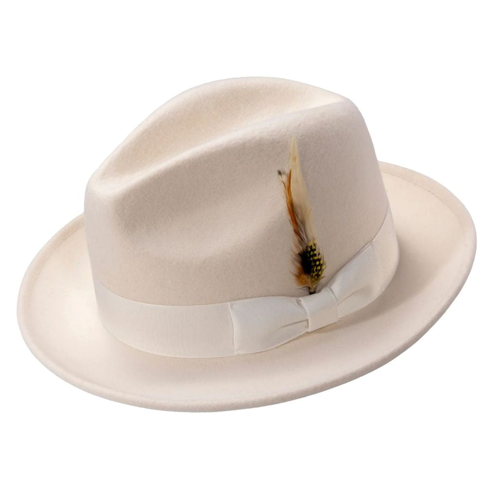 Wool Felt Fedora Pinch Front with Feather Accent in White
