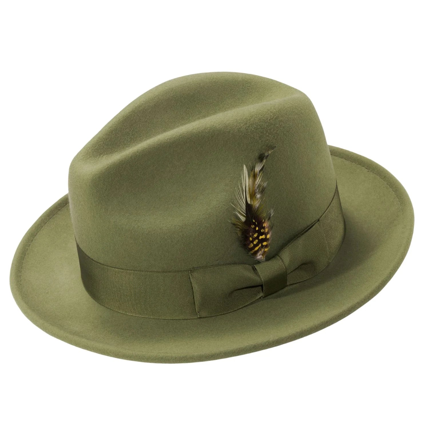Wool Felt Fedora Pinch Front with Feather Accent in Olive
