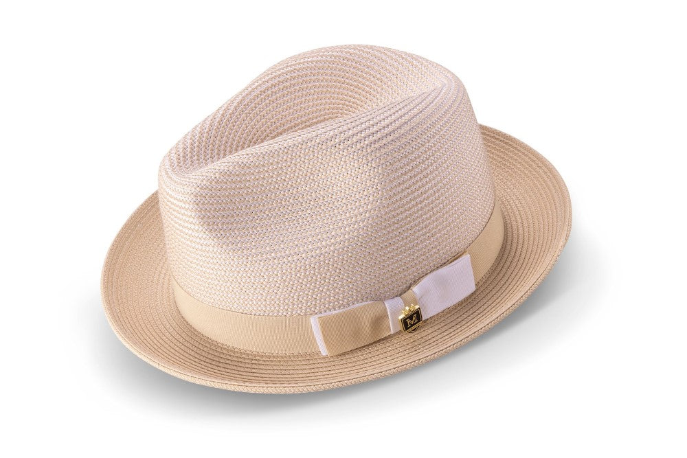 Beige Men's Two Tone Braided Pinch Fedora with Grosgrain Ribbon
