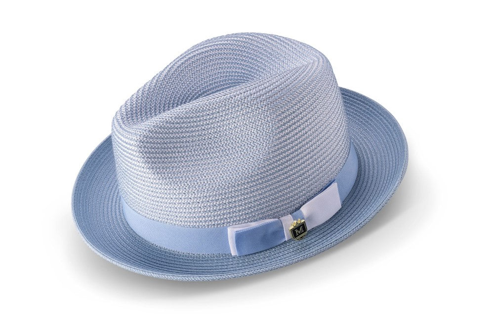 Carolina Blue Men's Two Tone Braided Pinch Fedora with Grosgrain Ribbon
