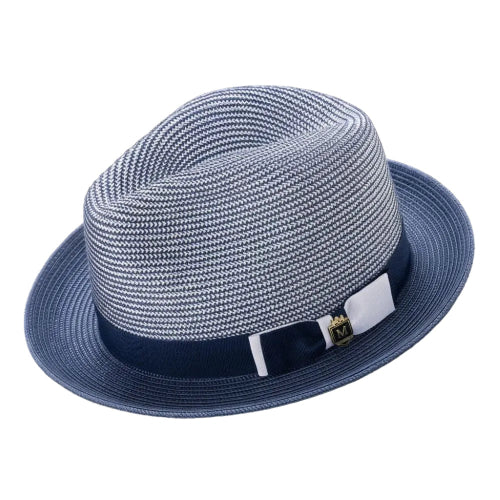 Navy men's two-tone braided pinch fedora with grosgrain ribbon