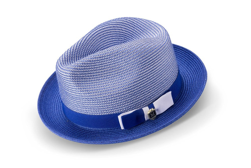 Royal Blue Men's Two Tone Braided Pinch Fedora with Grosgrain Ribbon
