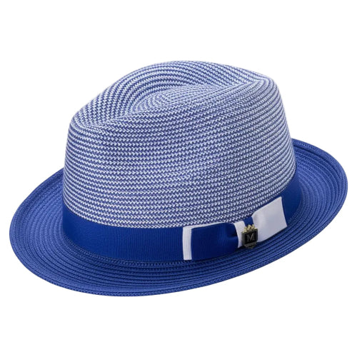 Royal blue men's two-tone braided pinch fedora with grosgrain ribbon