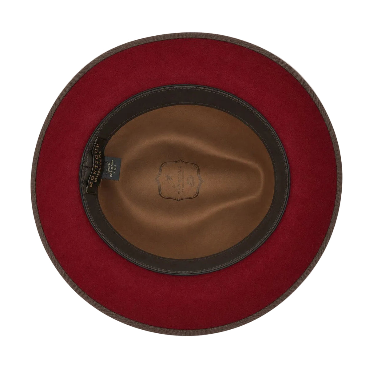 Top-down view of a wide-brimmed hat with a deep red felt exterior, a brown leather band, and a brown felt interior, shown on a white background.