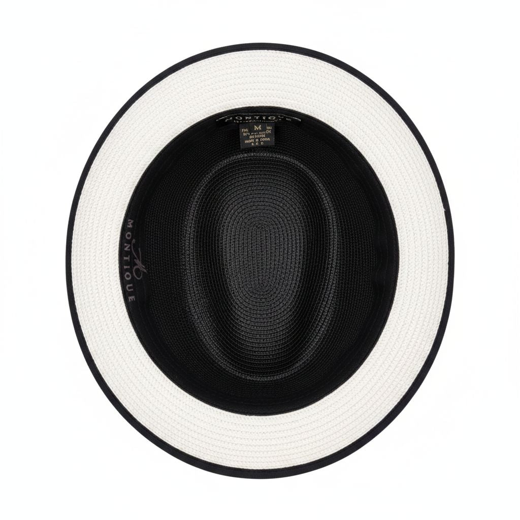 Black and white hat with a brand label on a white background