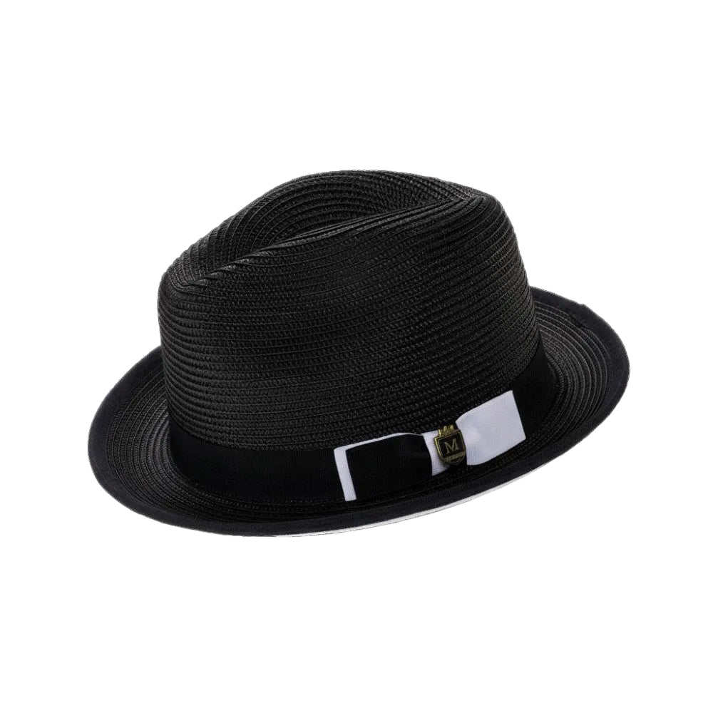 Two Tone Ribbon Stingy Brim Pinch Braided Fedora - Black/White