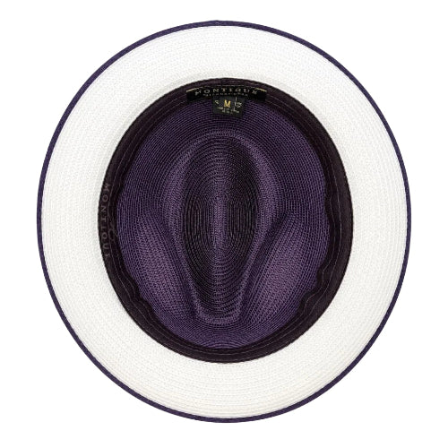 Purple straw hat with white rim on a white background