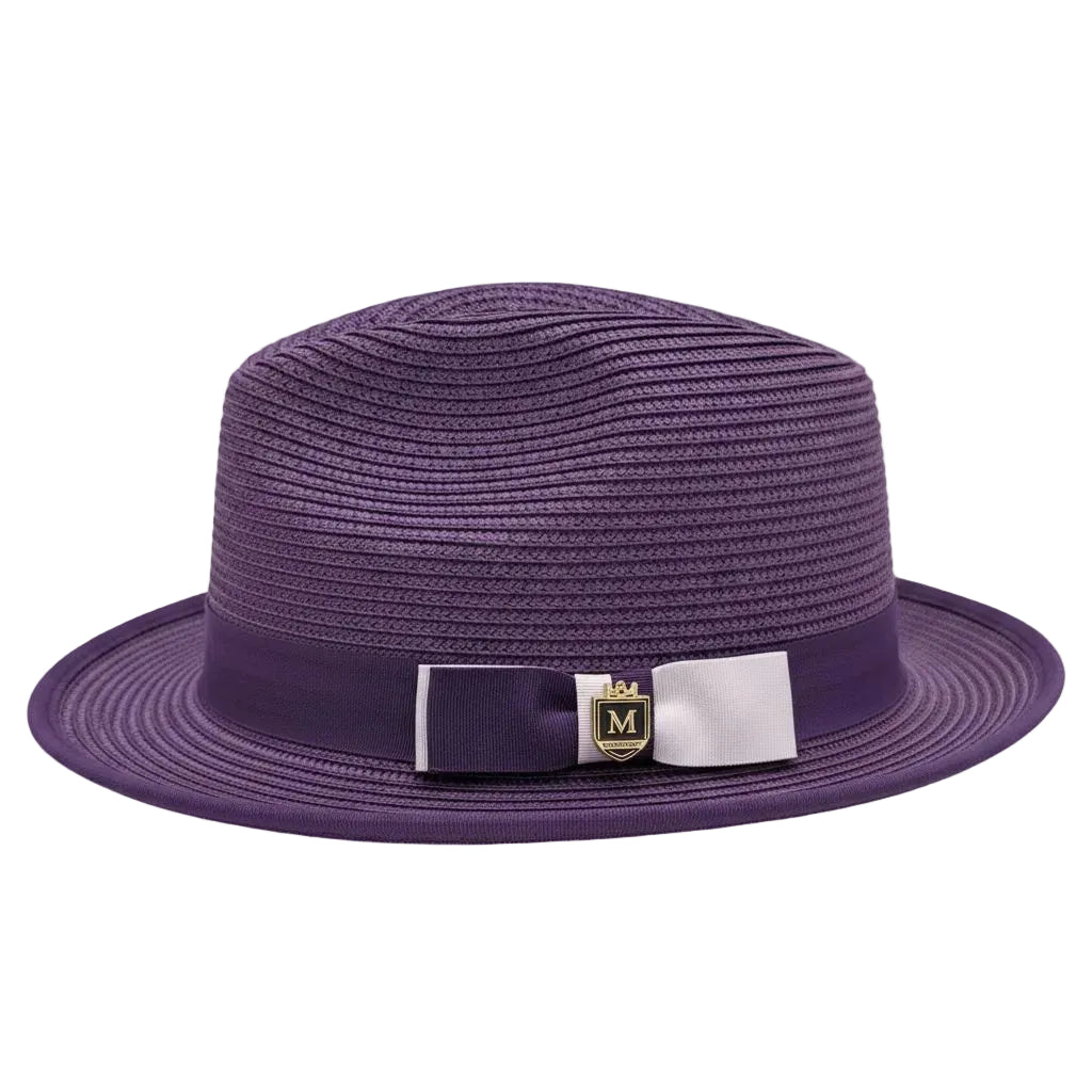 Purple hat with a decorative band on a white background