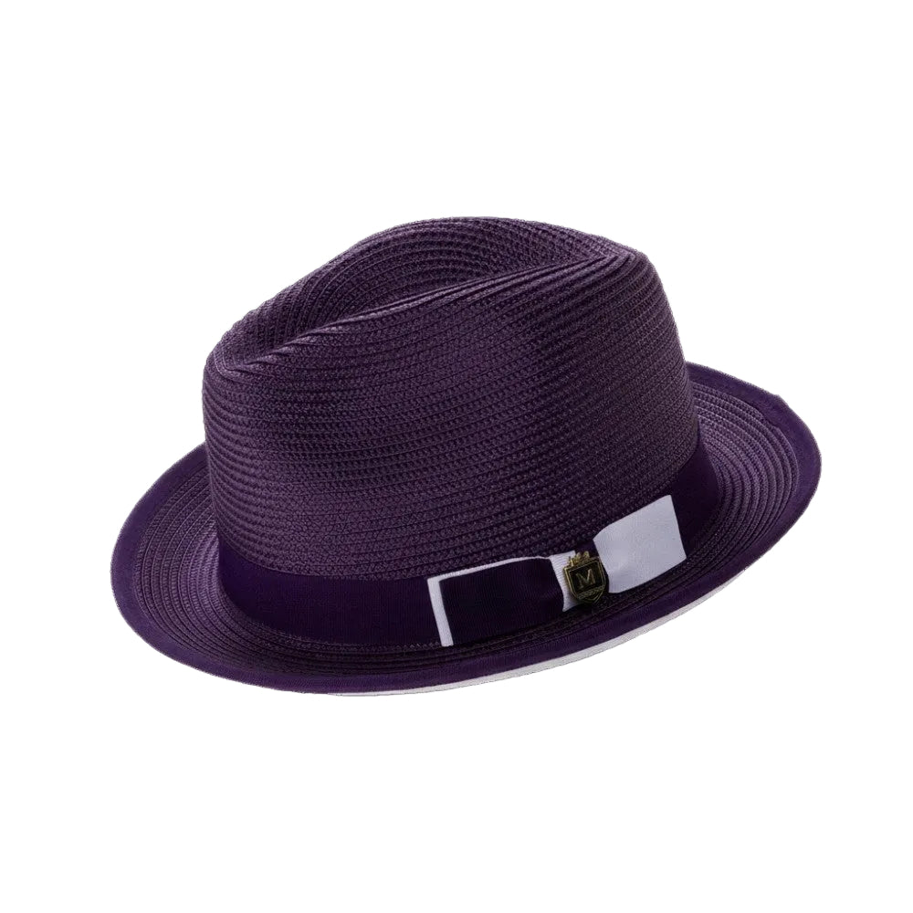 Two Tone Ribbon Stingy Brim Pinch Braided Fedora - Purple/White