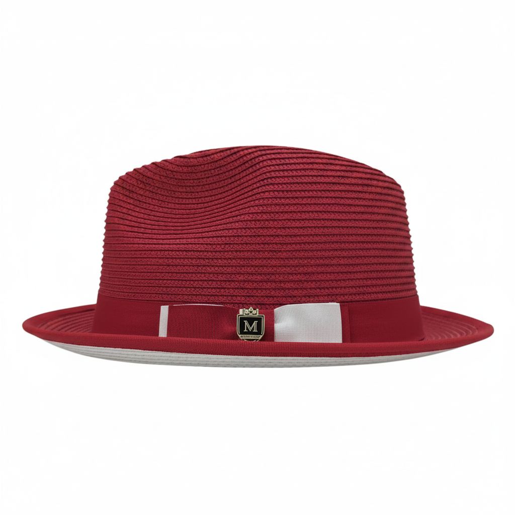 Red hat with a white band and logo on a white background