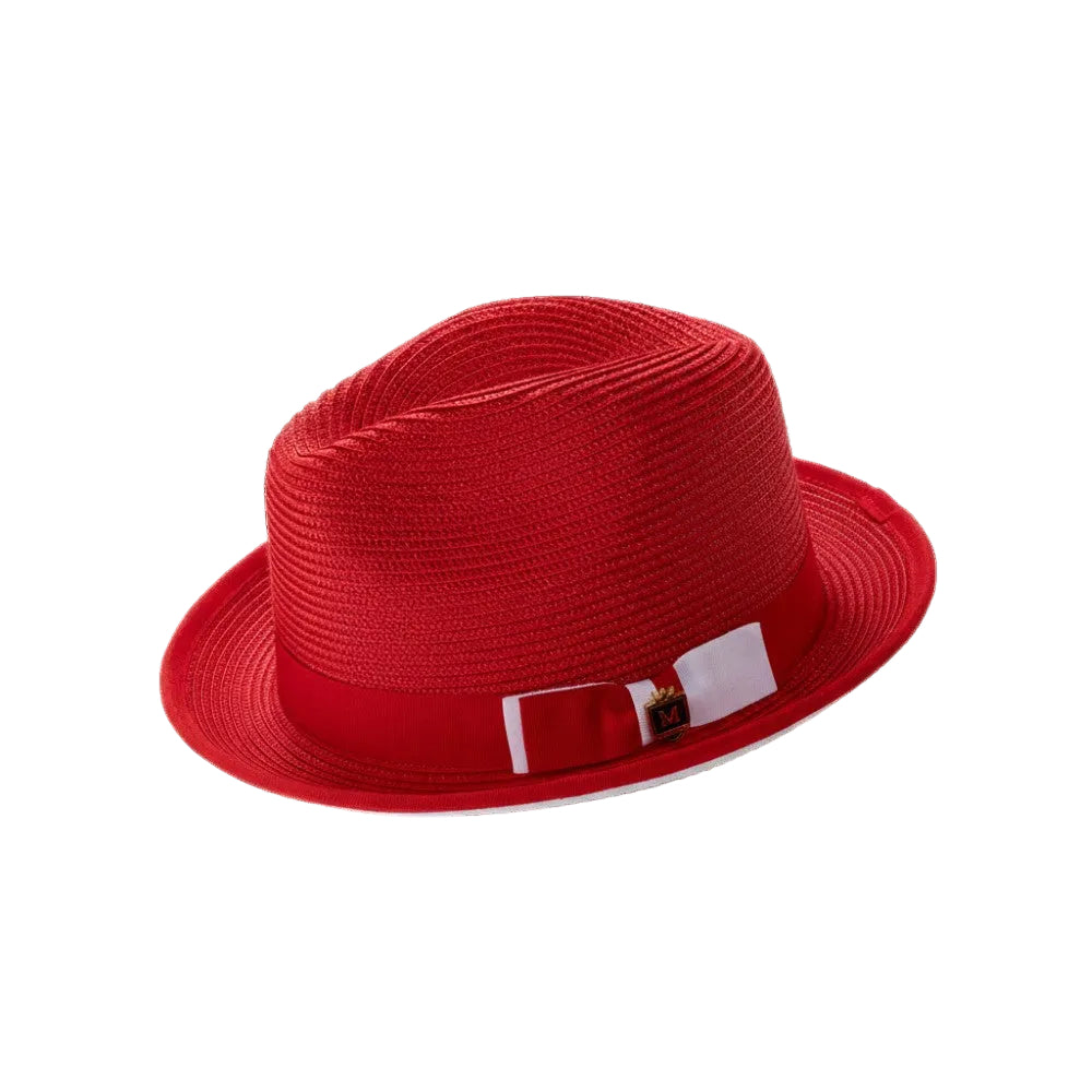 Two Tone Ribbon Stingy Brim Pinch Braided Fedora - Red with White Bottom