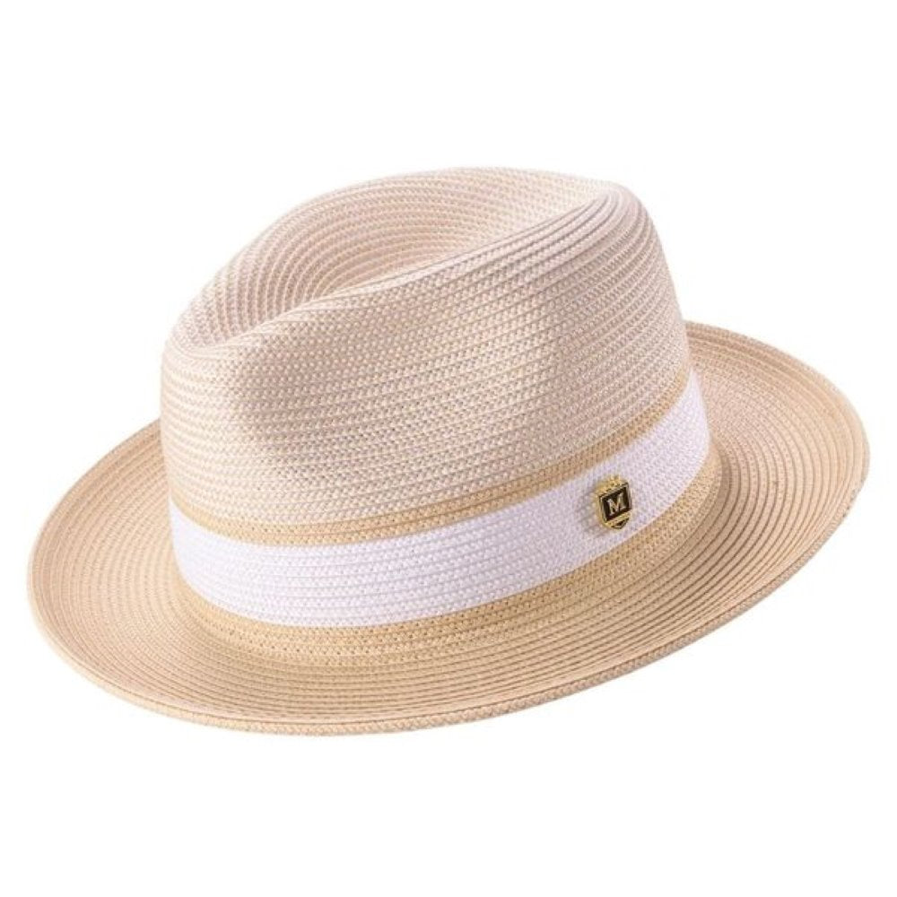 Beige Two Tone Braided Pinch Fedora With White Ribbon
