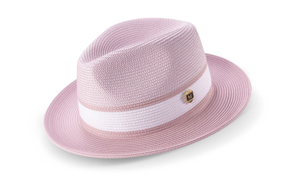 Mauve Two Tone Braided Pinch Fedora With White Ribbon
