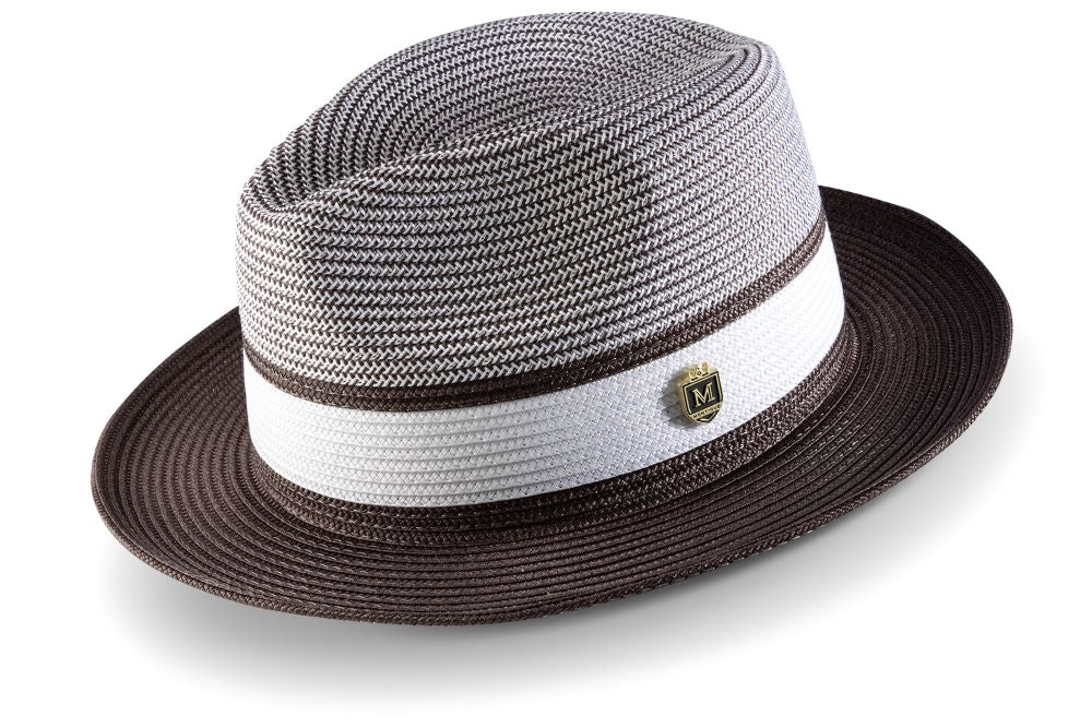 Brown Two Tone Braided Pinch Fedora With White Ribbon