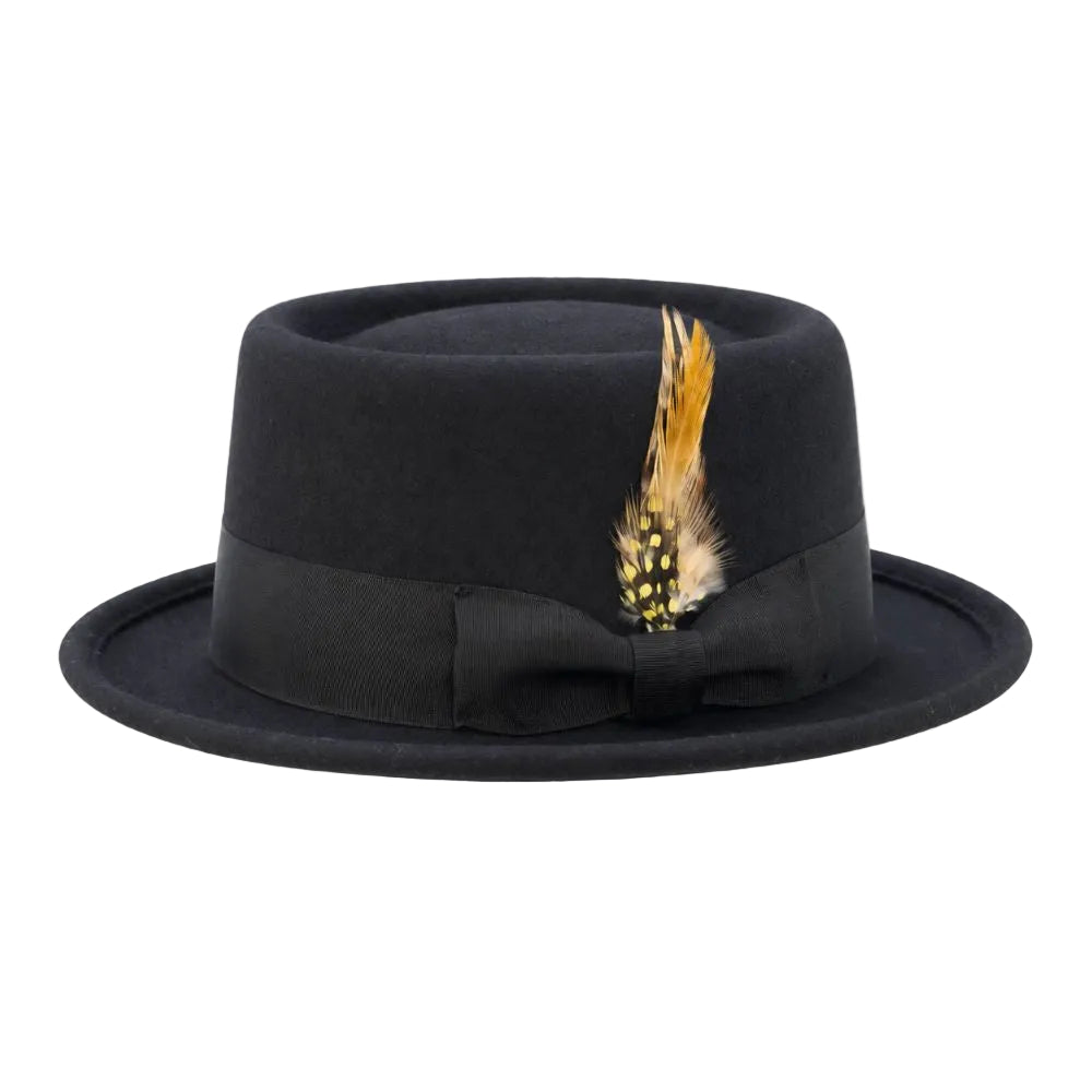 A black felt fedora hat with a matching black ribbon band and bow, decorated with a brown and black spotted feather, shown against a plain white background.
