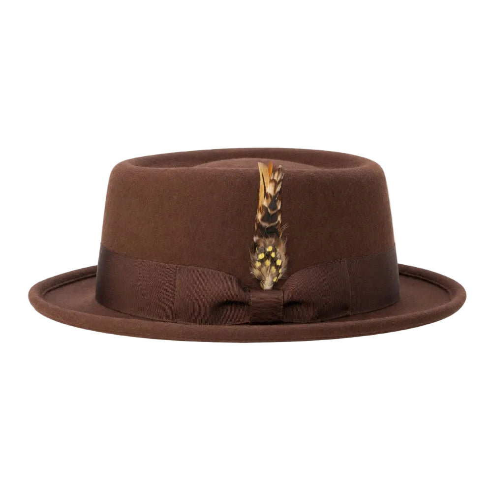 A brown felt fedora hat with a matching brown ribbon band and bow, decorated with a feather and yellow flowers on the front, set against a plain white background.