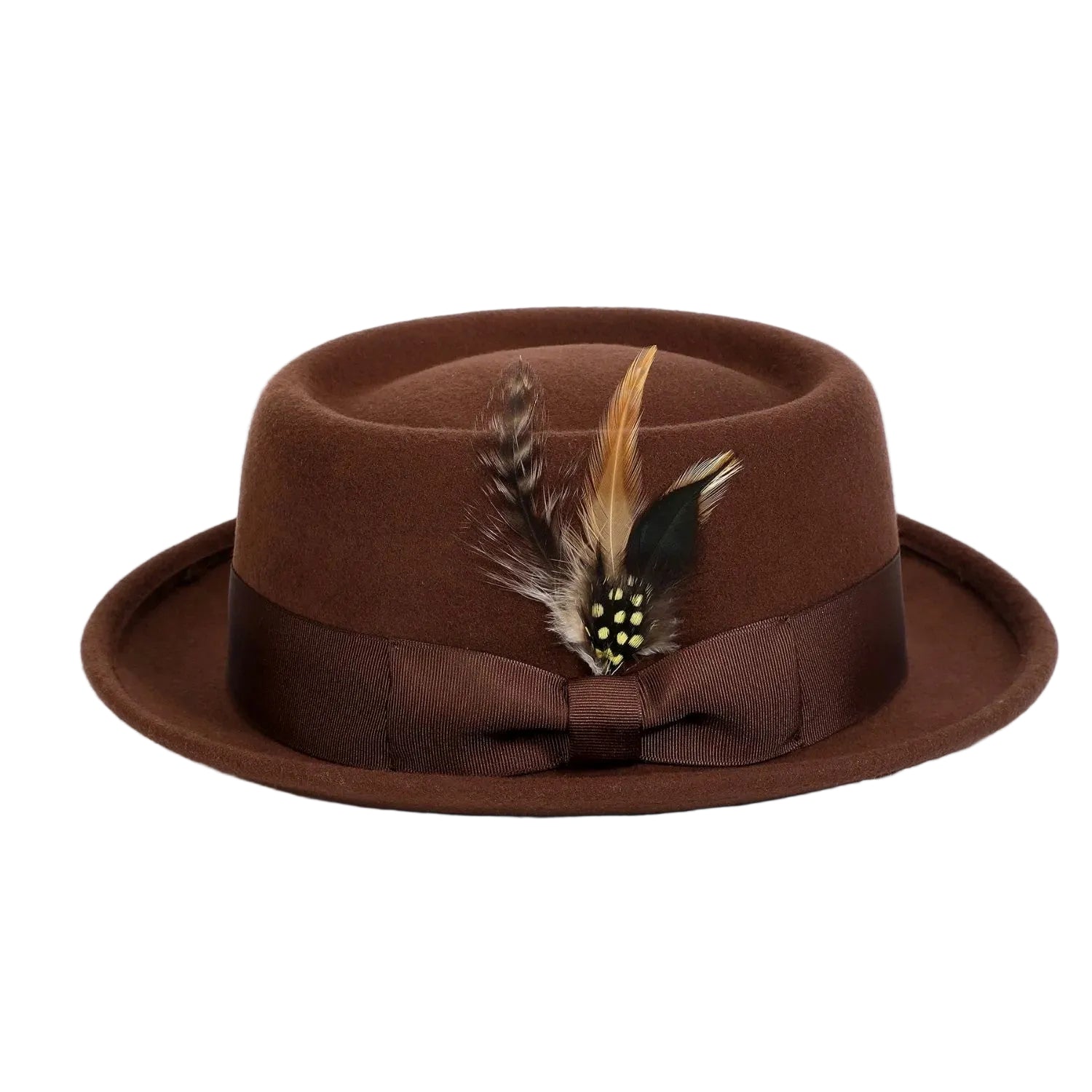 Brown Pork Pie Fedora with Feather Accents