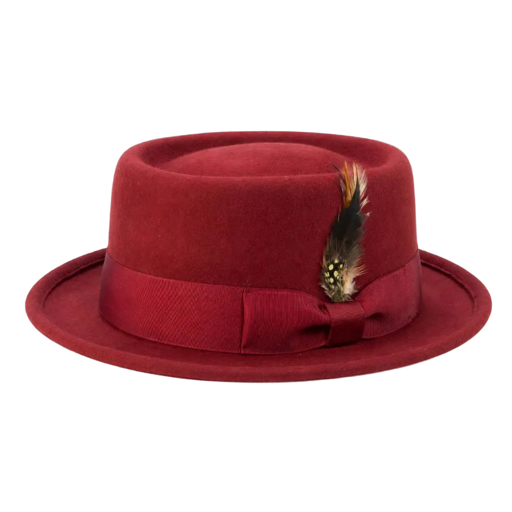 Burgundy Pork Pie Felt Fedora with Feather Accents