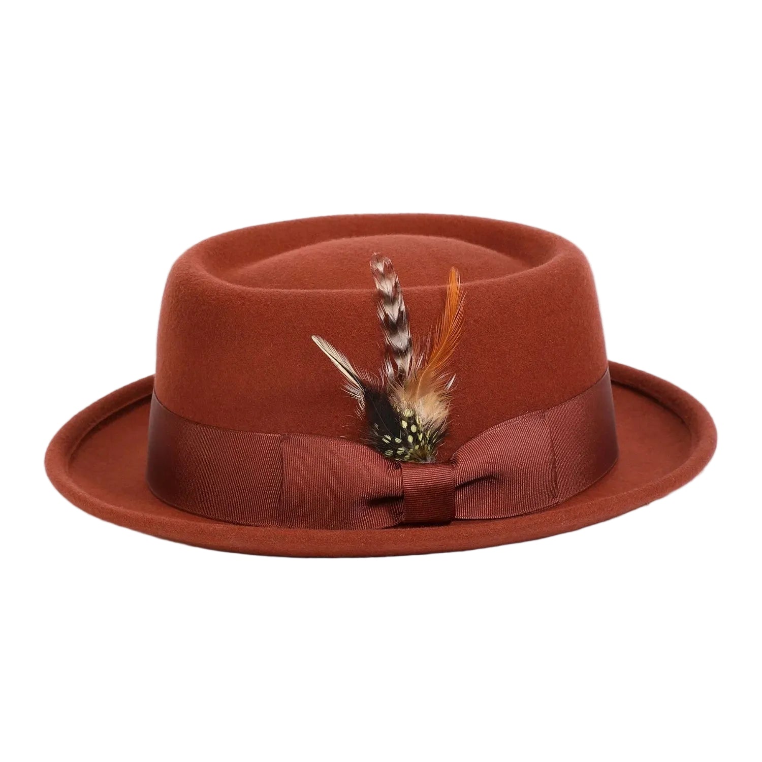 Cognac Pork Pie Fedora with Feather Accents