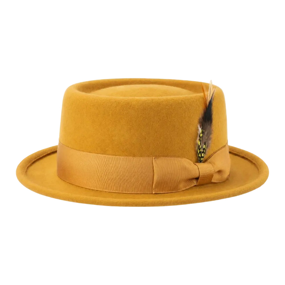 Gold Pork Pie Felt Fedora with Feather Accents