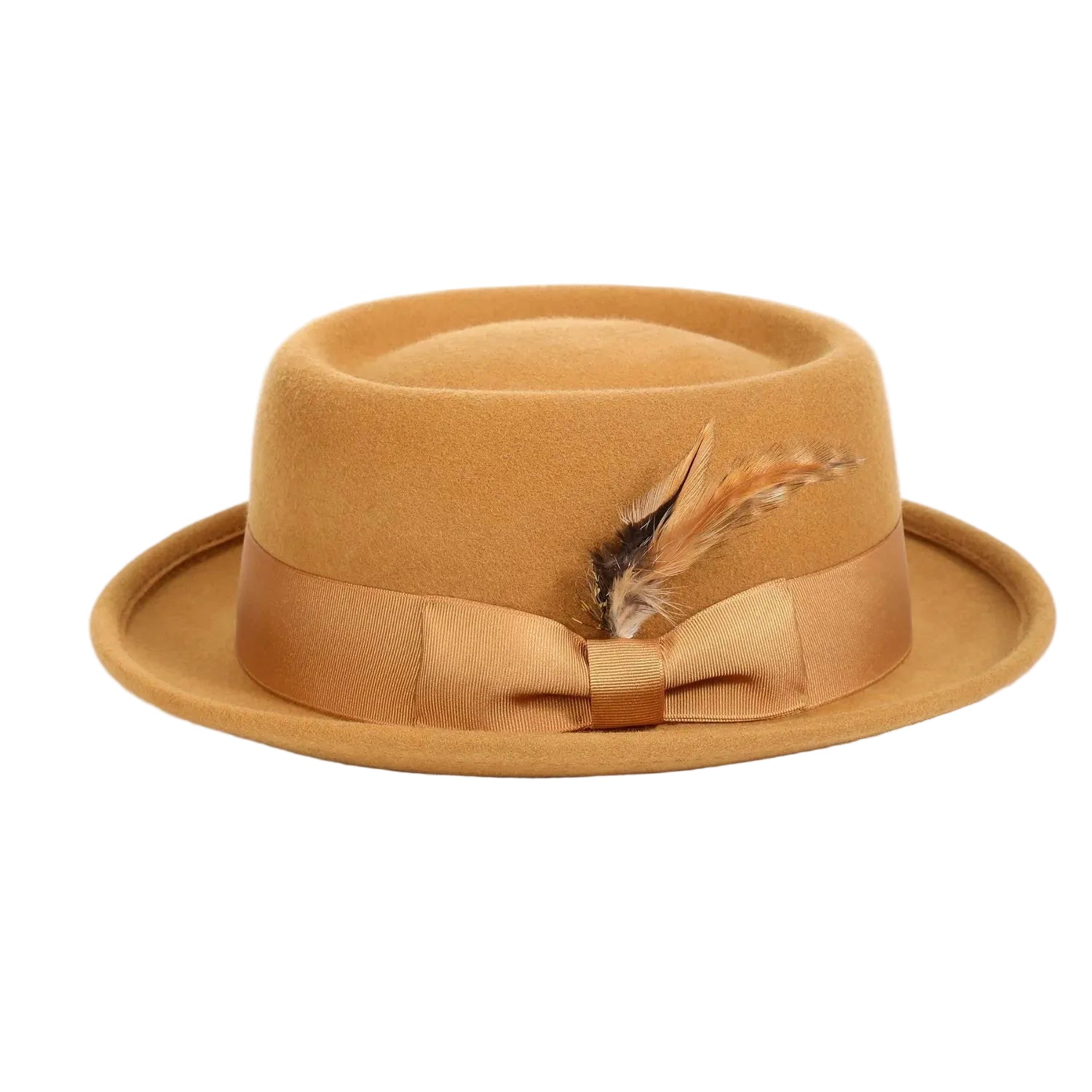 Gold Pork Pie Fedora with Feather Accents