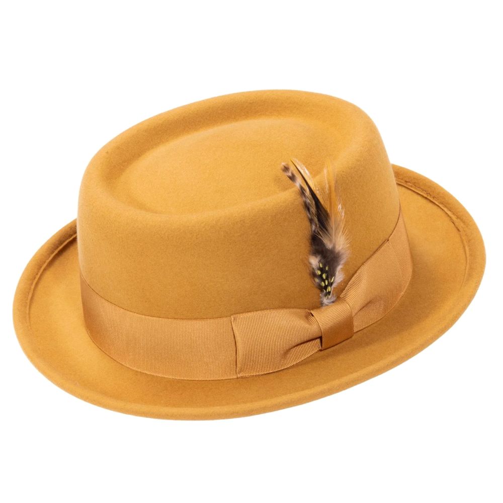 Gold Pork Pie Fedora with Feather Accents
