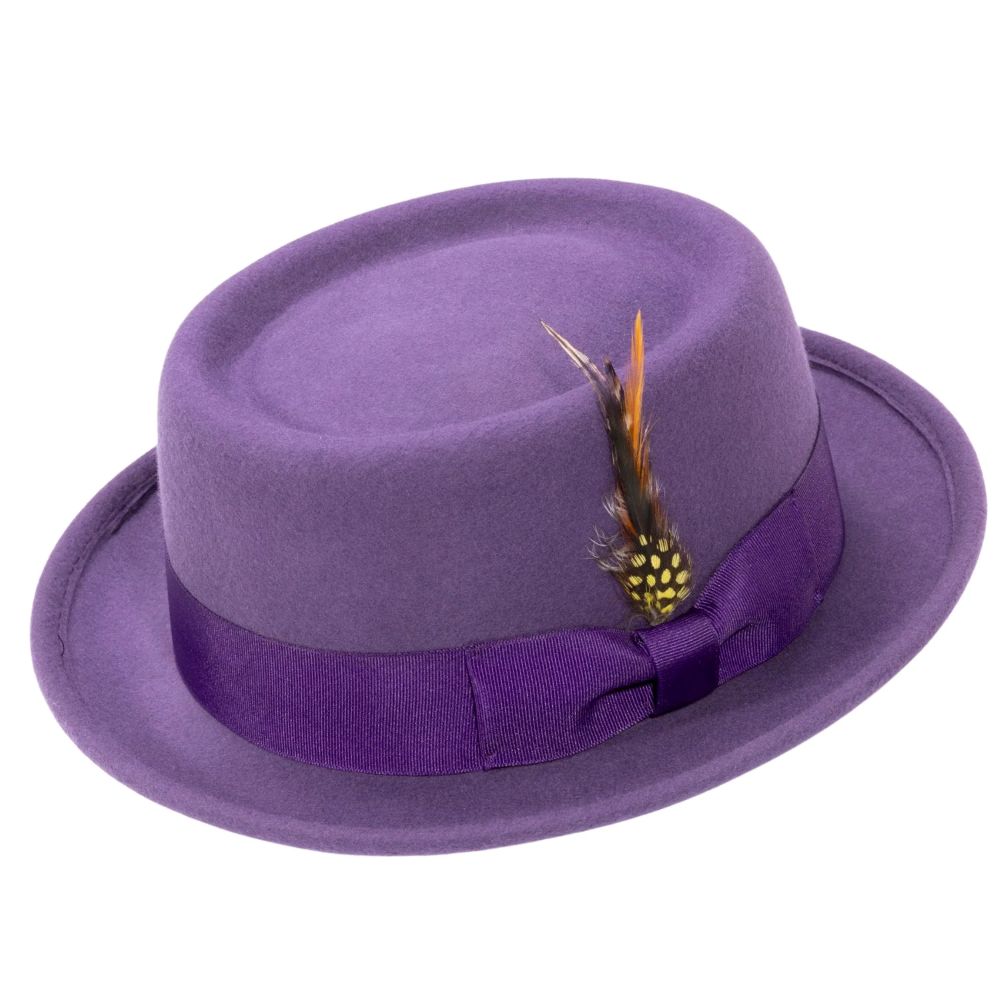 Grape Pork Pie Fedora with Feather Accents

