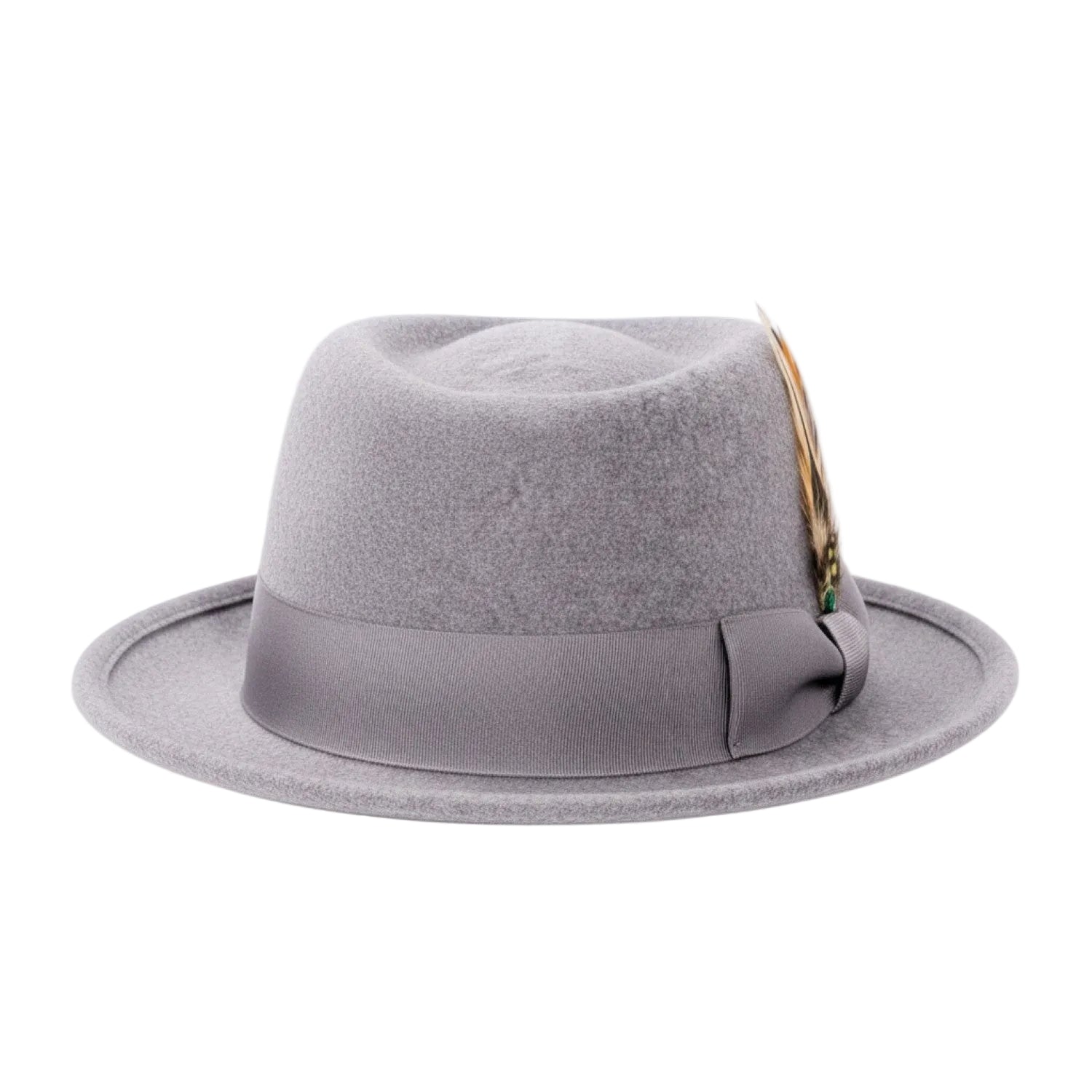 Gray fedora hat with a feather on a white background