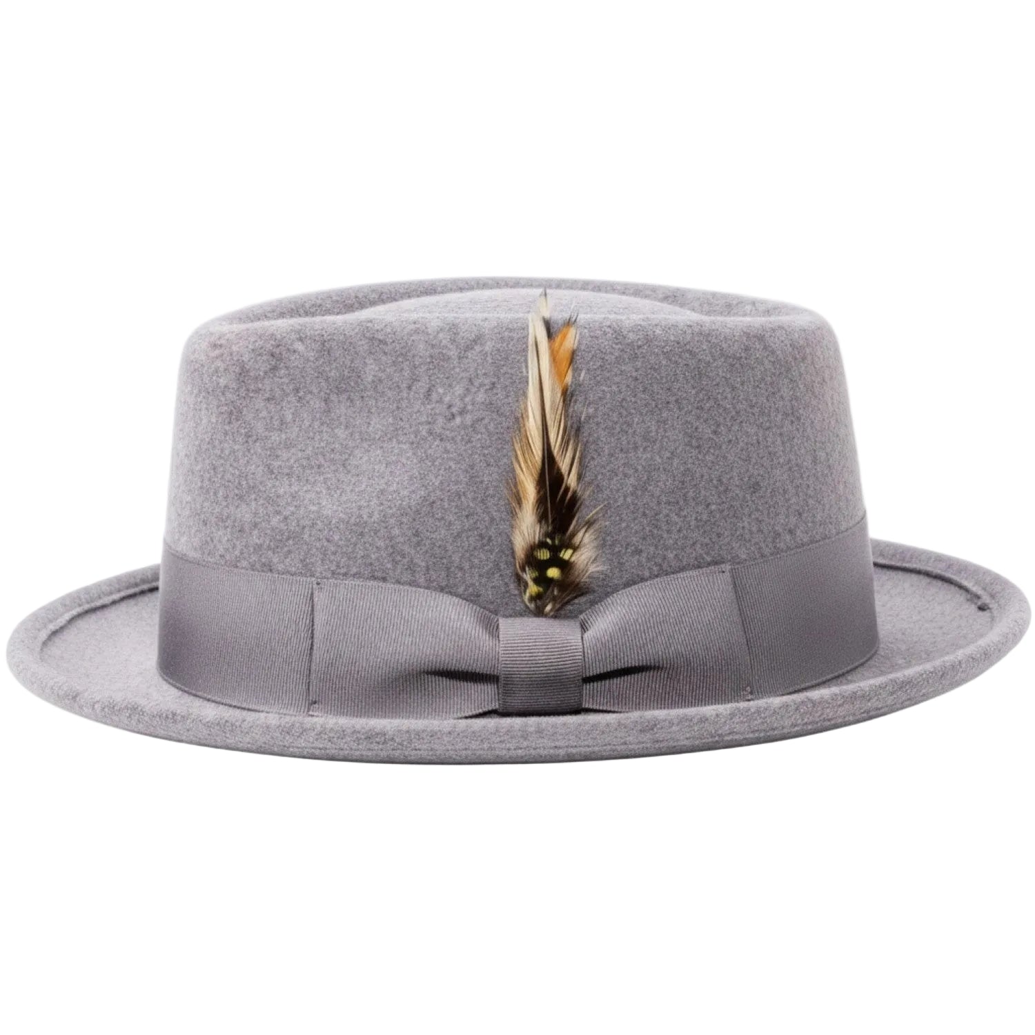 Gray Pork Pie Fedora with Feather Accents