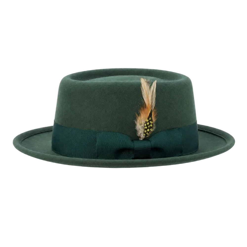 A dark green felt fedora hat with a matching green ribbon band and bow, decorated with a small feather accent, shown against a plain white background.