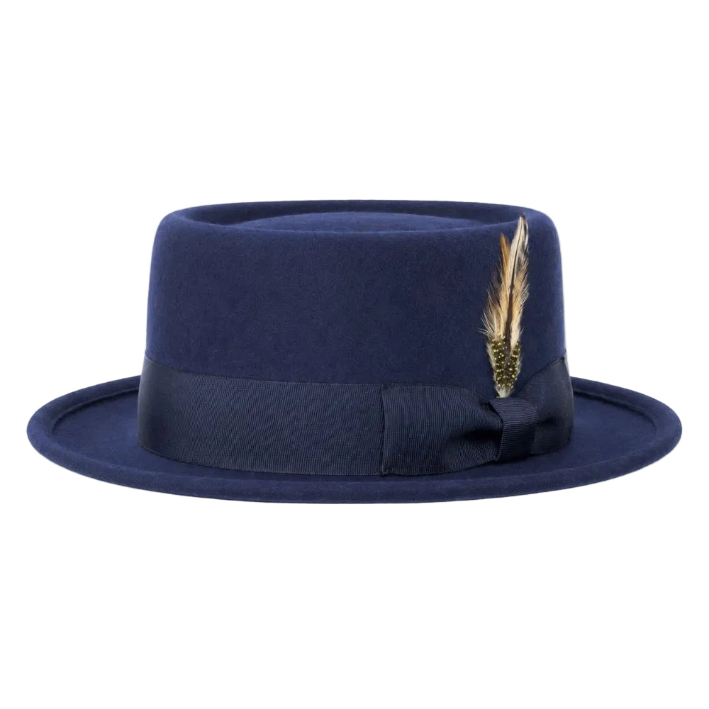 Navy Pork Pie Felt Fedora with Feather Accents