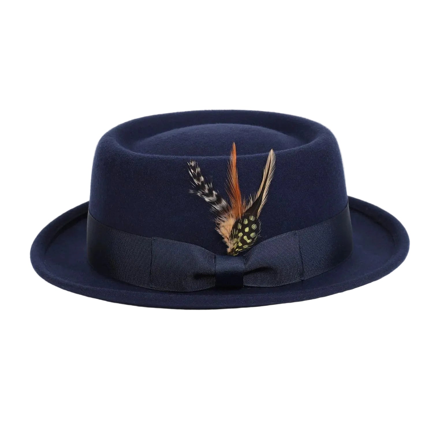 Navy Pork Pie Fedora with Feather Accents