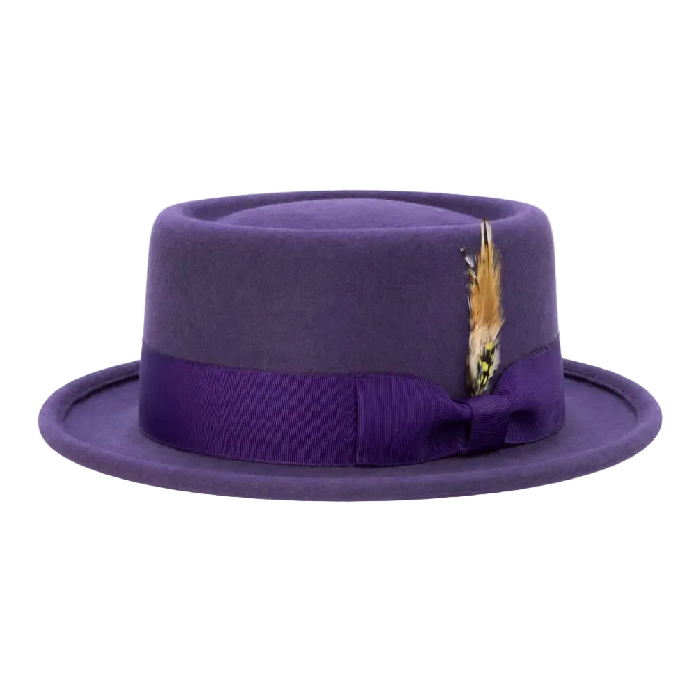 Grape Pork Pie Felt Fedora with Feather Accents