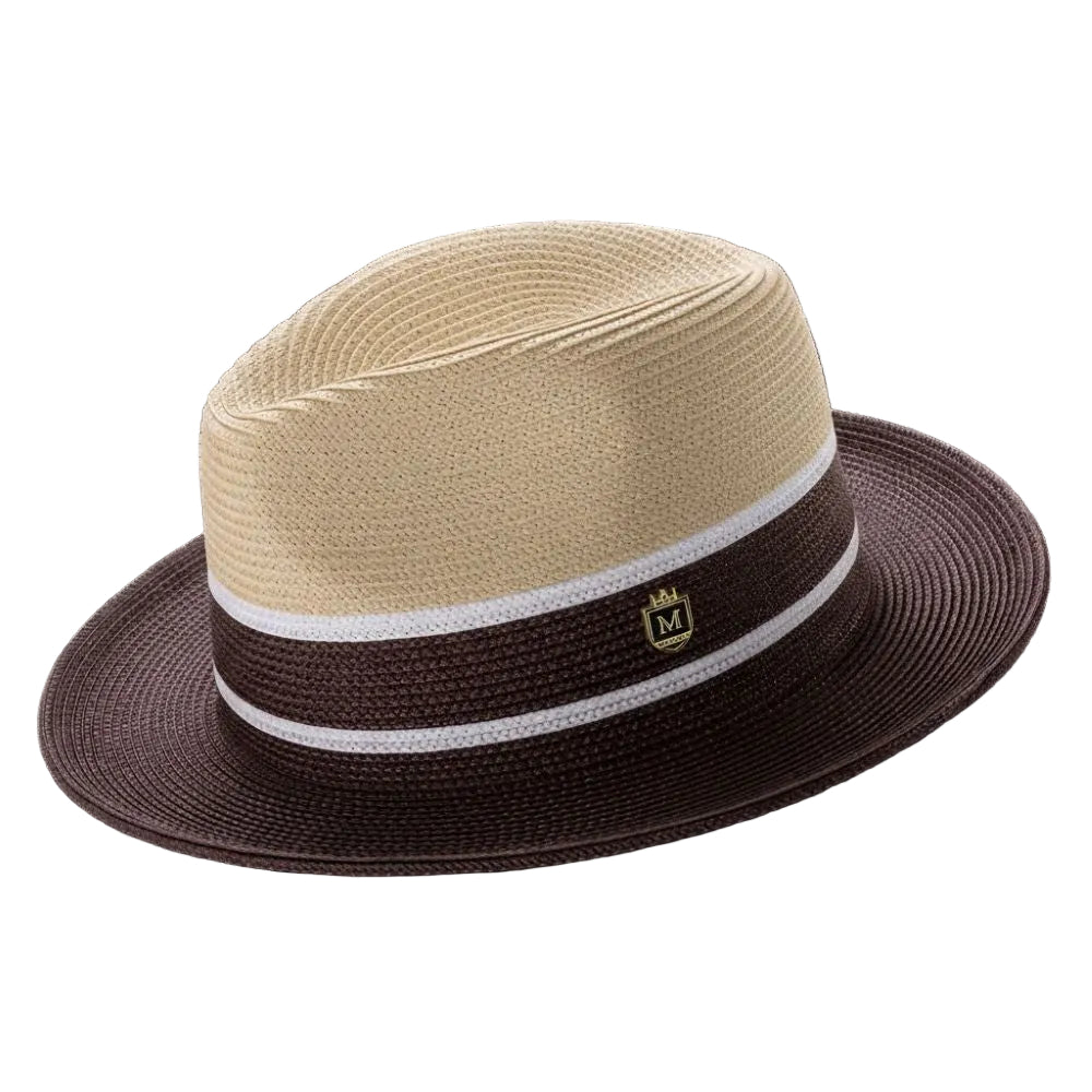 Two Tone Braided Pinch Fedora With Ribbon - Beige/Brown