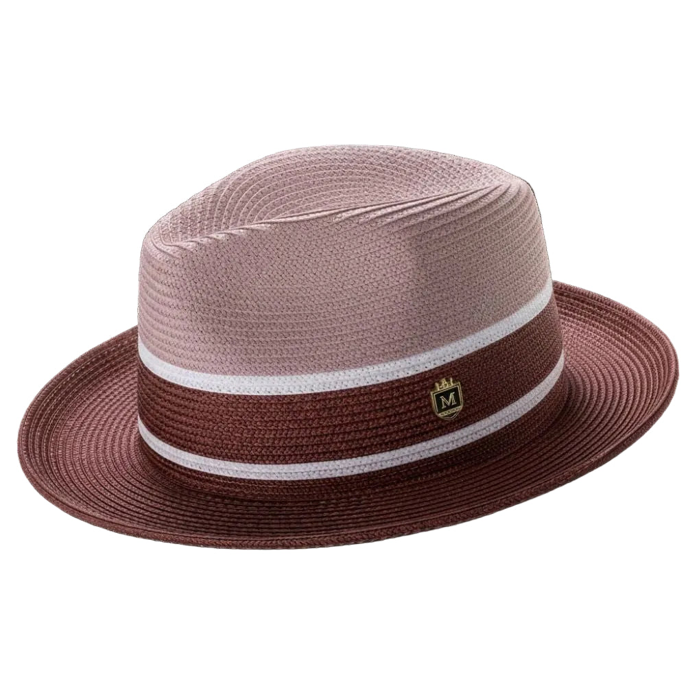 Two Tone Braided Pinch Fedora With Ribbon - Blush/Burgundy