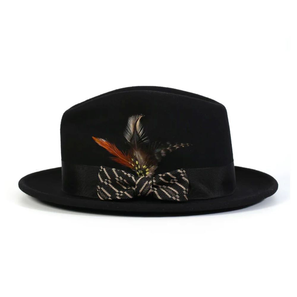 Black Wool Felt Fedora Hat with Beige Ribbon 2½ Brim