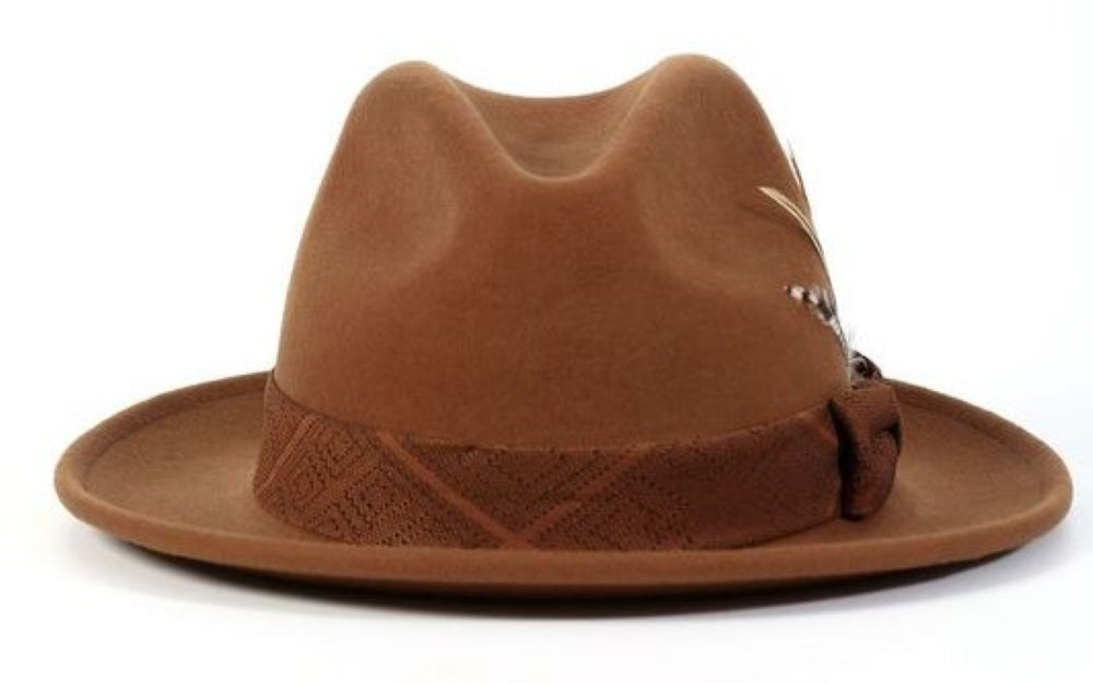 Cognac Wool Felt Dress Hat with Feather Accent