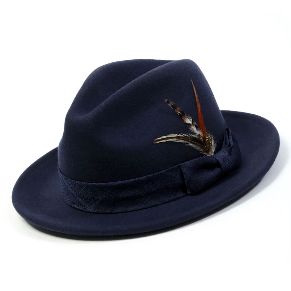 Navy Wool Felt Dress Hat with Feather Accent