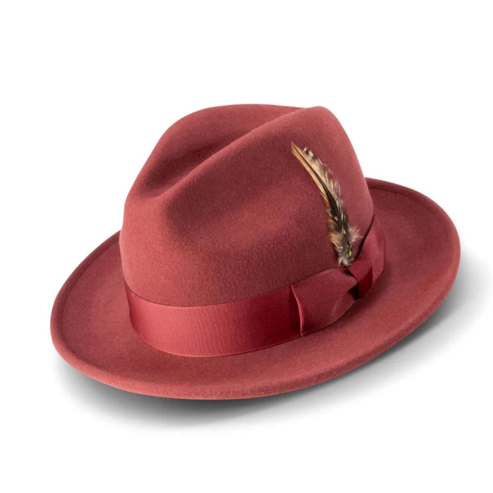 Wool Felt Fedora Pinch Front with Feather Accent in Brick