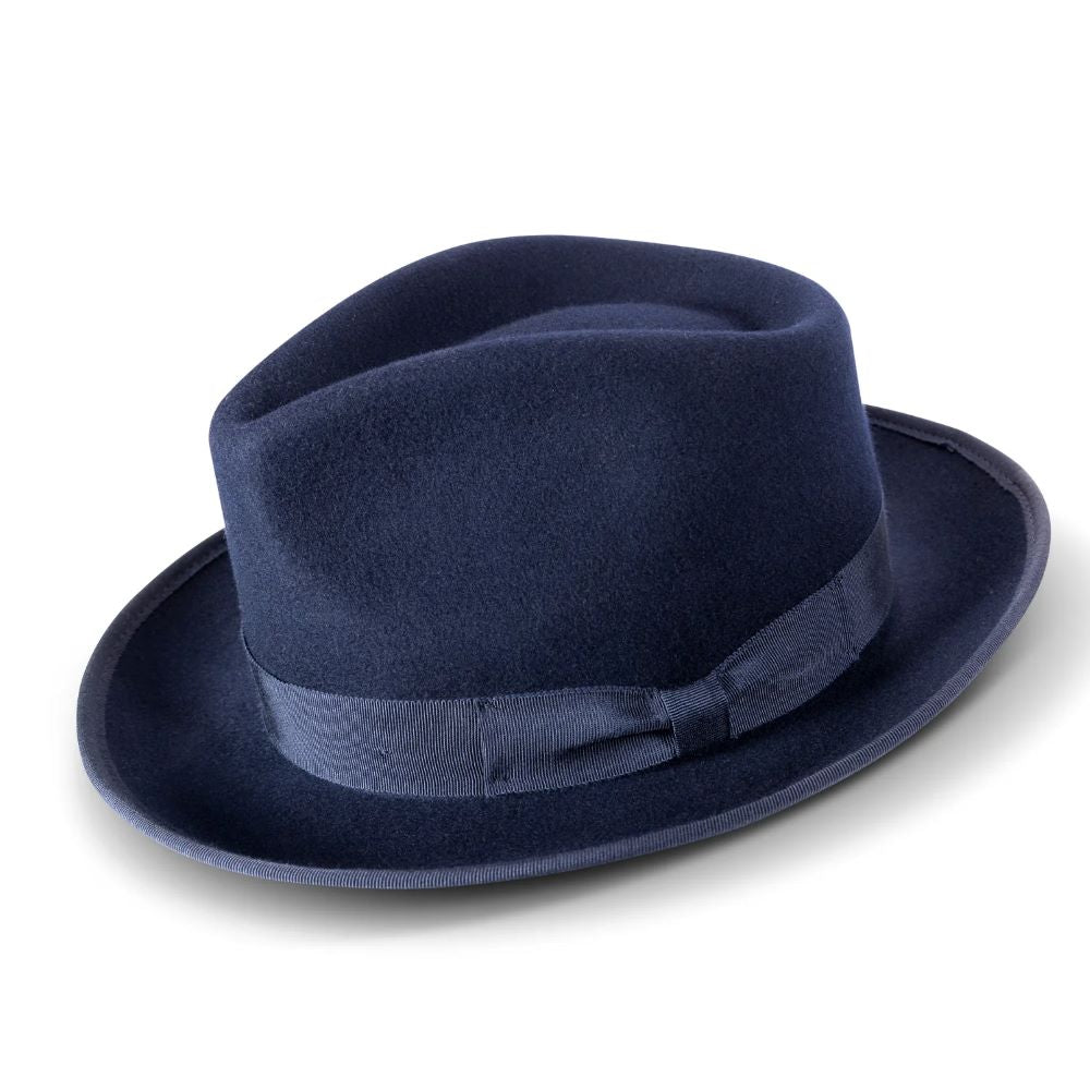 Navy 2 ½" Wide Wool Felt Fedora with Ribbon
