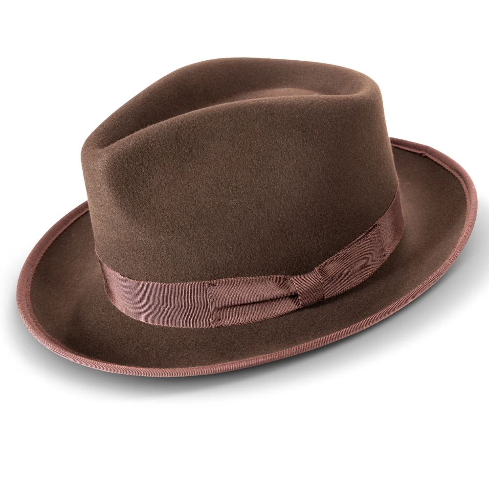 Brown 2 ½" Wide Wool Felt Fedora with Ribbon
