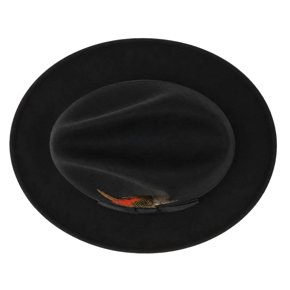 A black wide-brim fedora hat with a small feather accent near the front, photographed from directly above on a plain white background.