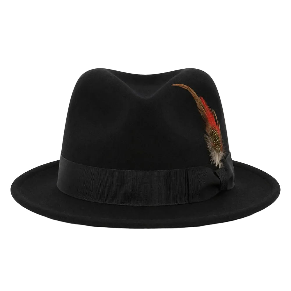 A black felt fedora hat with a matching black ribbon band and a decorative feather accent on the side, shown against a plain white background.