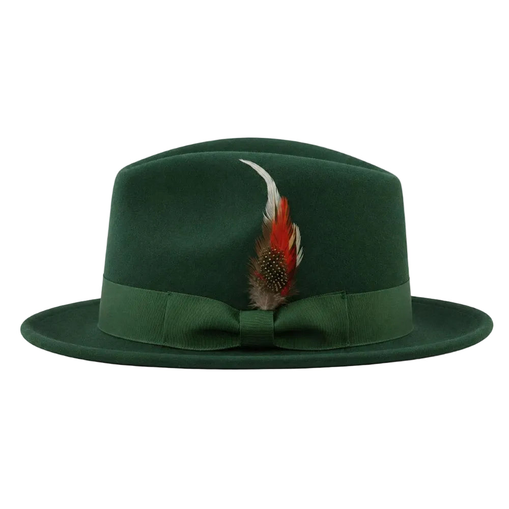 A dark green felt fedora hat with a matching green ribbon band and bow, decorated with a red, white, and brown feather on the front, set against a plain white background.